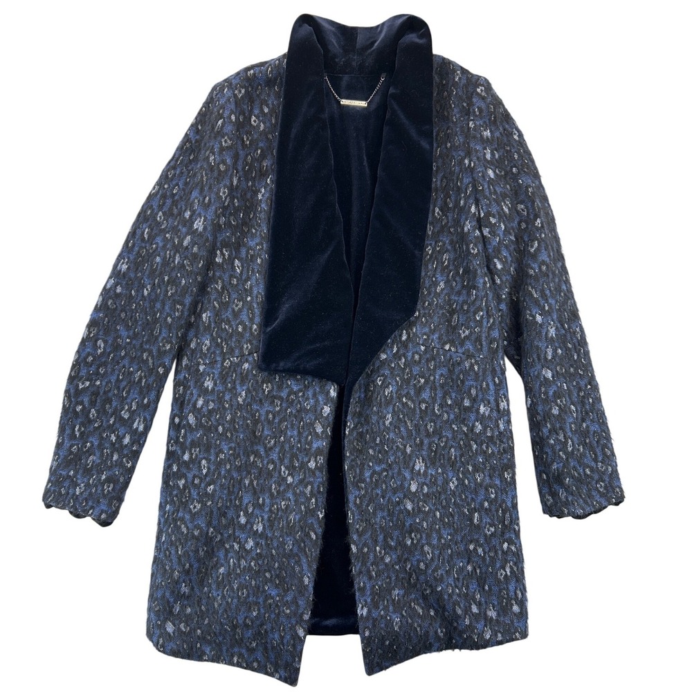 Elie Tahari Coat Womens XS Blue Black Leopard‎ Print Alpaca Mohair Open Front